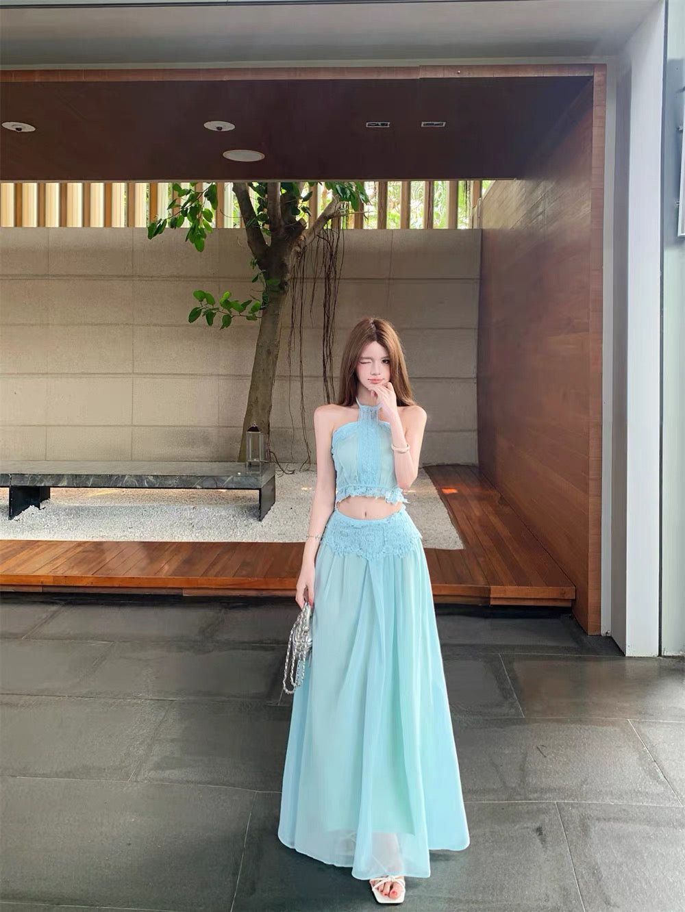 Embroidery Chiffon Two Piece Set (Blue, Beige)