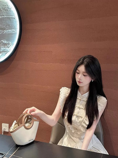 Cream White Cheongsam Top CD038 + Pants Two Piece Set (S, M)