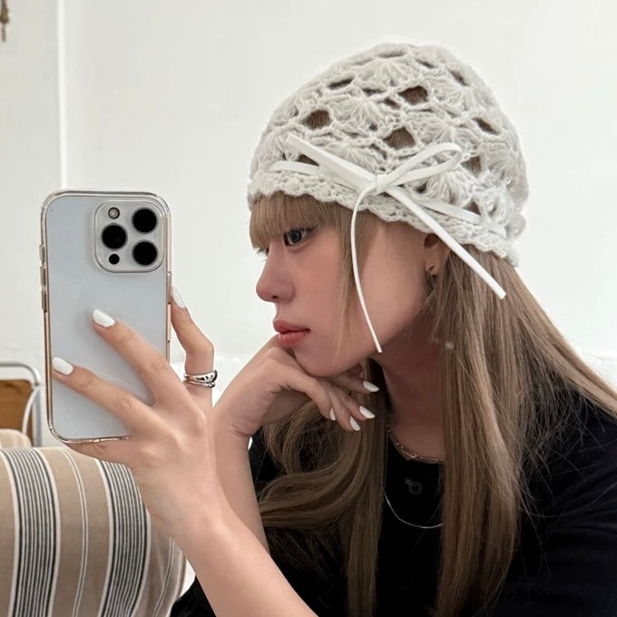 White Ribbon Knitted Embroidery Hat