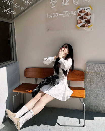 Round Collar Cream Long Sleeve Dress