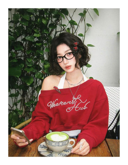 Wine Red Long Sleeve Crop Top+White Inner Top