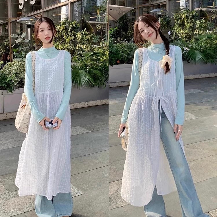 Two Wear Round Collar Lacey Sleeveless Thin Dress Cardigan