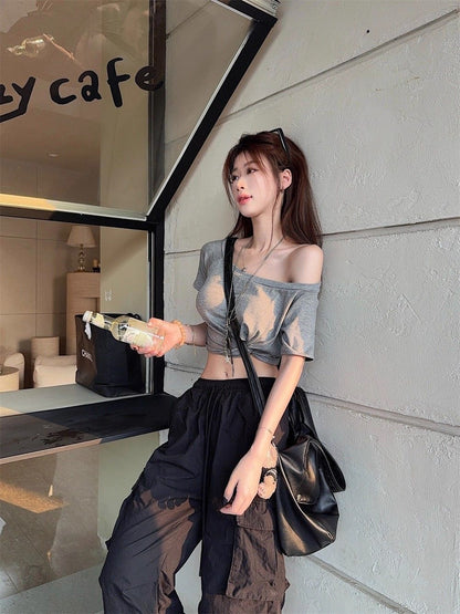 Basic Off Side Shoulder Crop Top (White, Grey, Black)