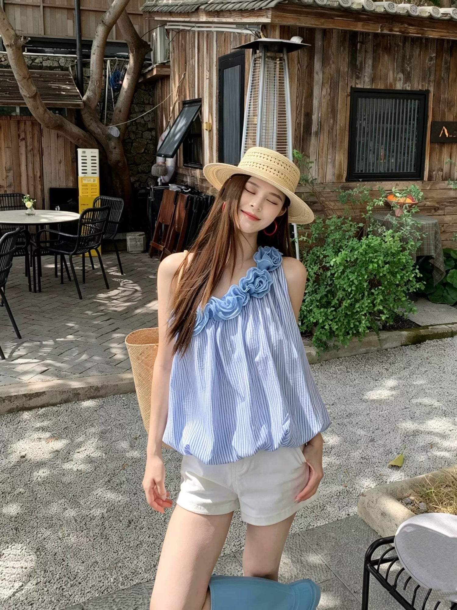 3D Rose Collar Off Side Shoulder Top
