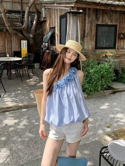 3D Rose Collar Off Side Shoulder Top