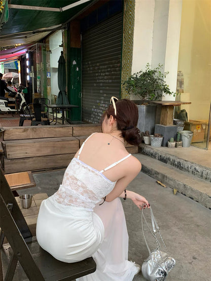 Cream White Mesh Long Skirt (S, M)