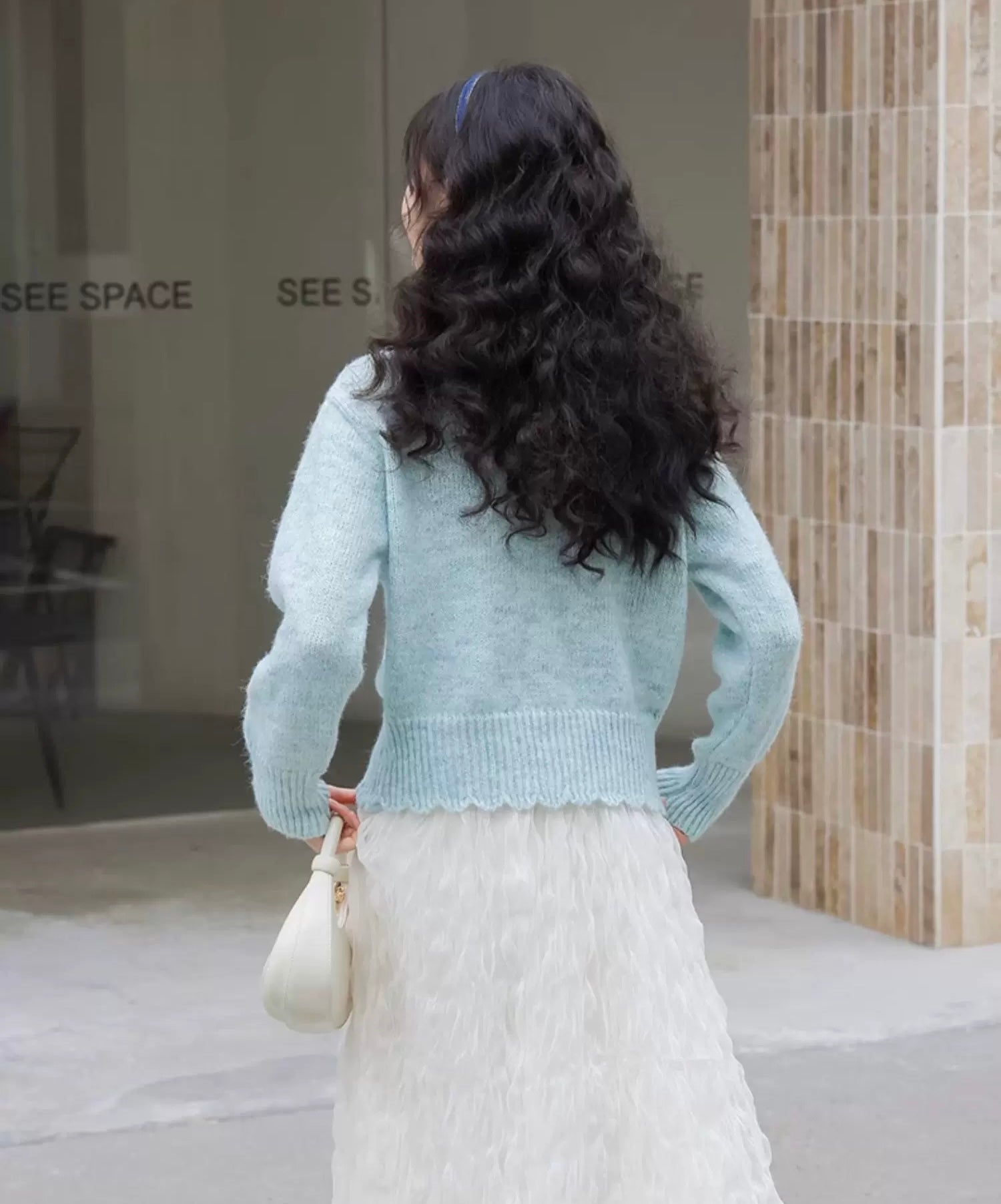 Blue Seashell Pearl Knitted Cardigan Top