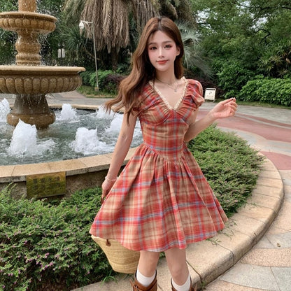 Red Grid Short Dress