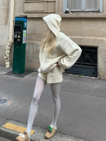Thick Hoodie Cream Knitted Top + Shorts Two Piece Set
