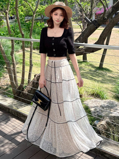 White Laces Black Ribbon Long Skirt SK31