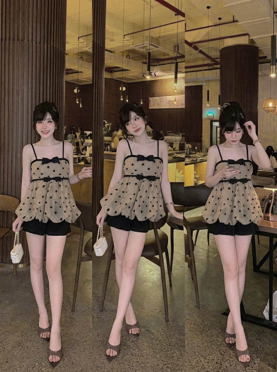Polka Dot Strap Coffee Tube Top + Inner Shorts