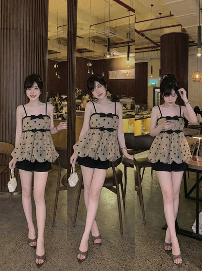 Polka Dot Strap Coffee Tube Top + Inner Shorts
