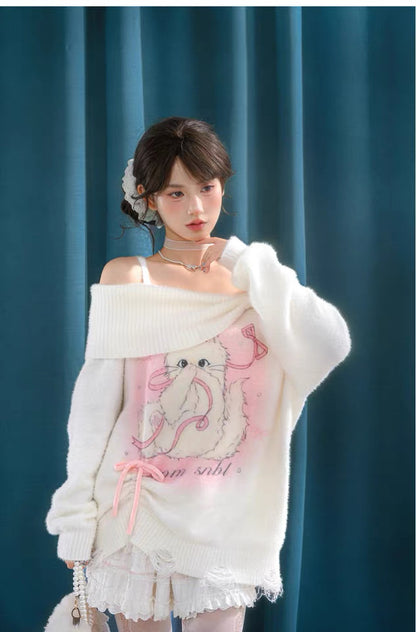 Off Shoulder White Pink Kitty Knitted Top