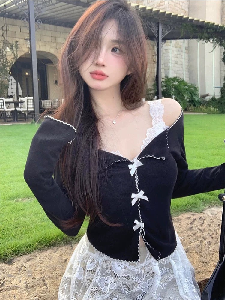 White Ribbon Black Top + White Laces Inner Top Two Piece Set