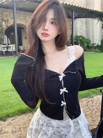 White Ribbon Black Top + White Laces Inner Top Two Piece Set