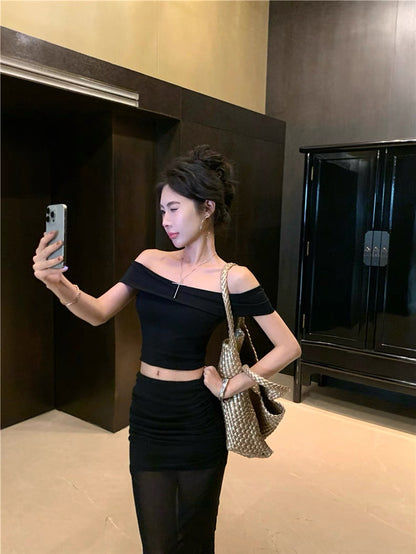 Black Off Shoulder Crop Top + Mesh Long Skirt Two Pieces Set