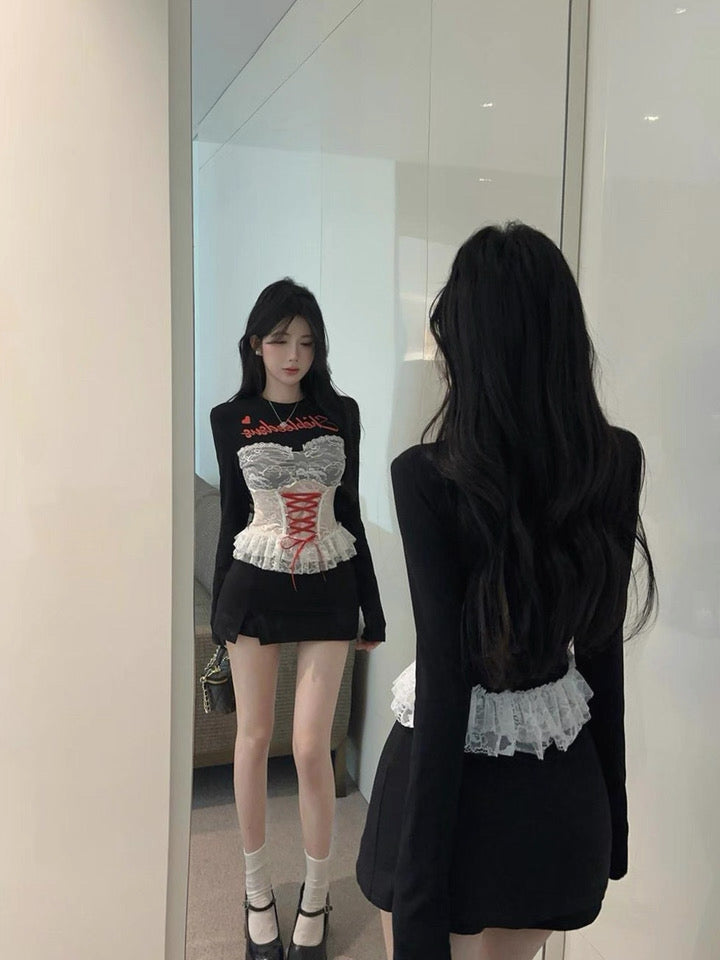 Lace Up Black Long Sleeve Crop Top