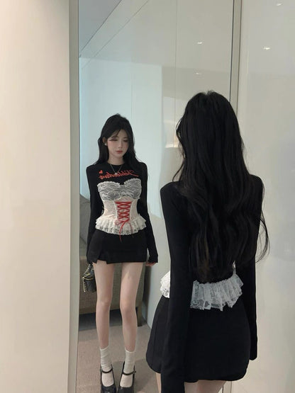 Lace Up Black Long Sleeve Crop Top
