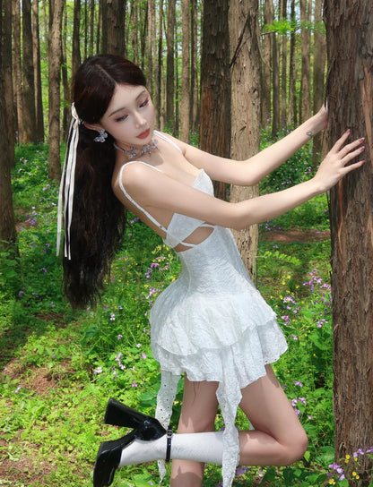 White Embroidery Waist Cut Short Dress (S)