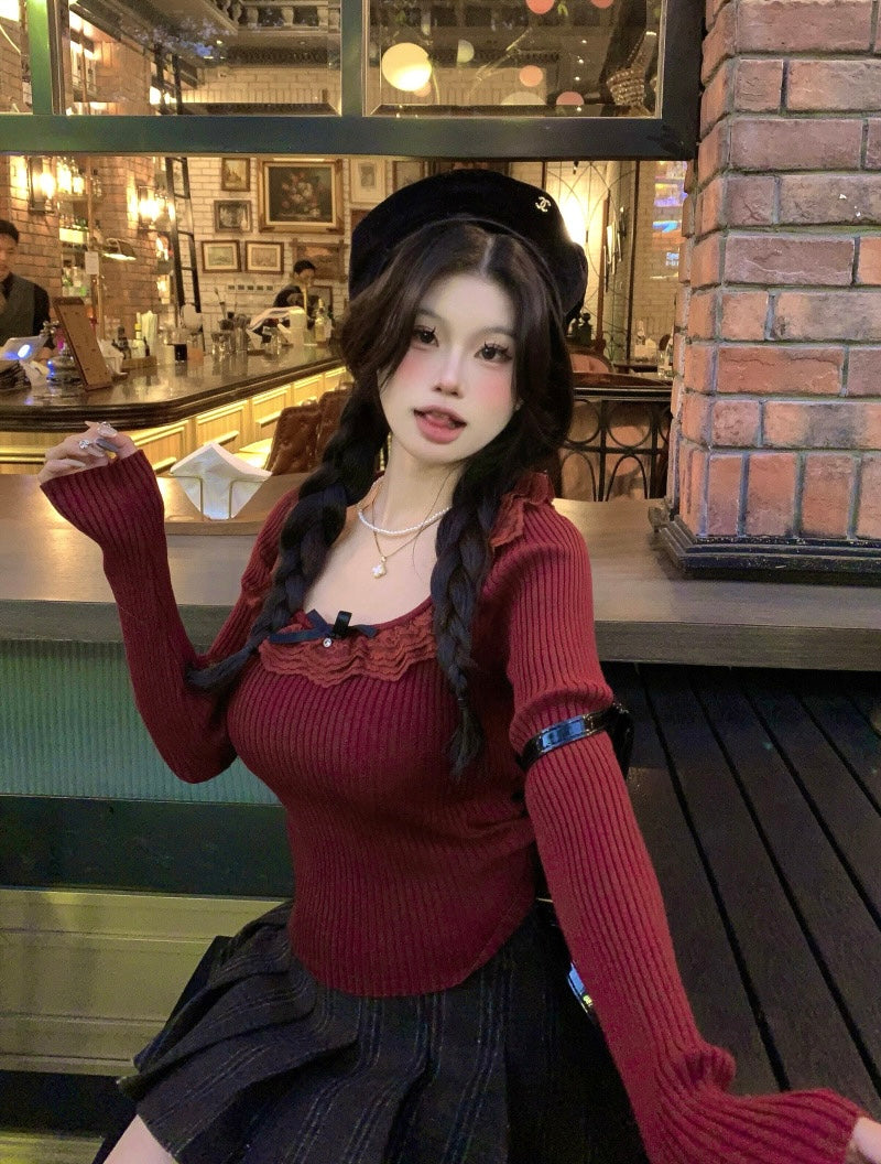 Red Knitted Long Sleeve Top