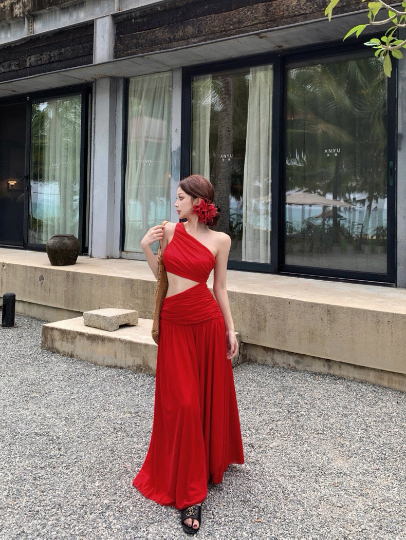Side Waist Cut Long Dress (White, Red)