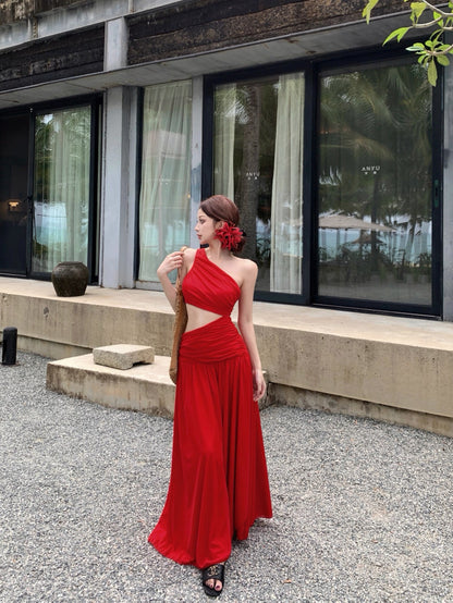 Side Waist Cut Long Dress (White, Red)