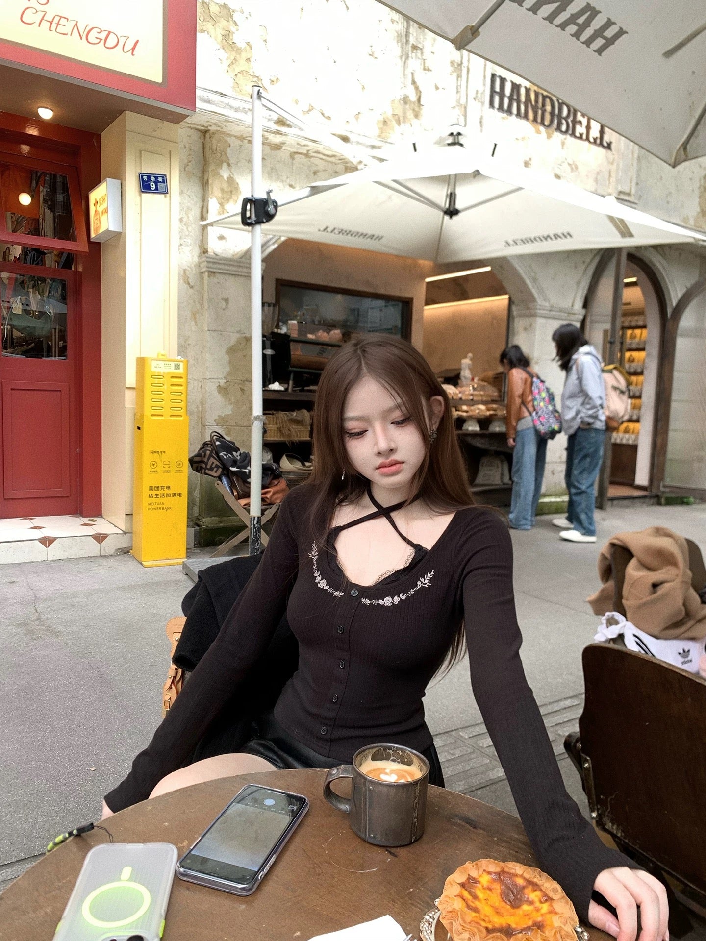 Knitted Long Sleeve Top with strap (Black, Red)