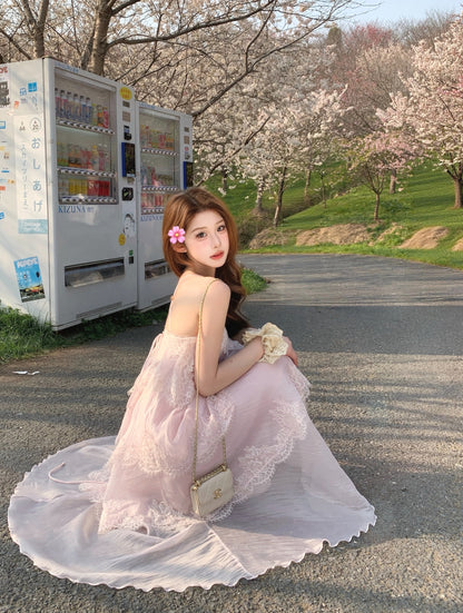 Chiffon Mix Lace Thin Bareback Long Dress