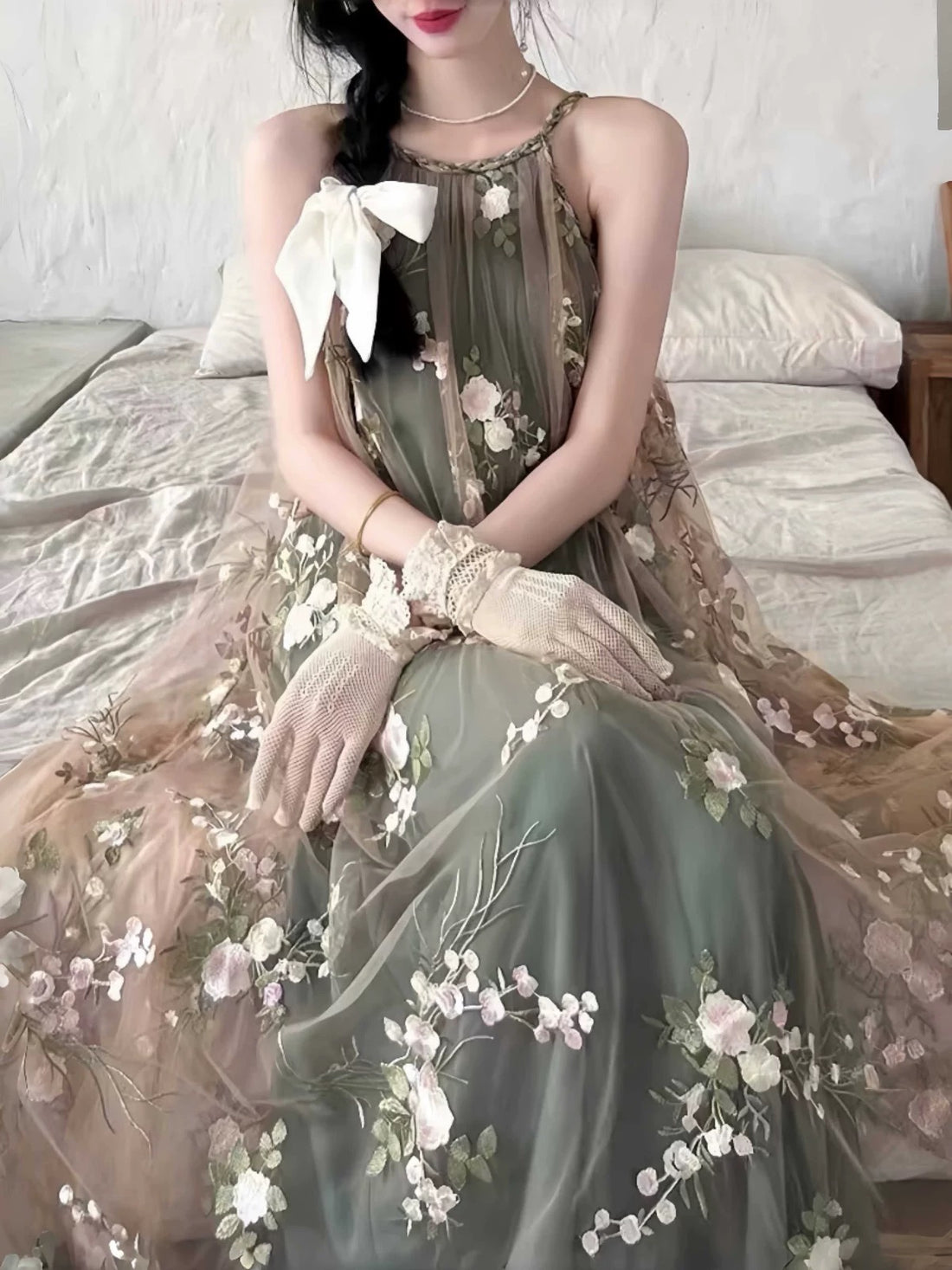 Mesh Flower Khaki Long Dress