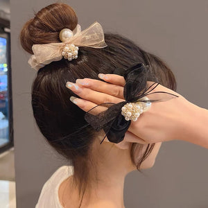 A57 Korean Mesh Ribbon Pearl Hair Rubberband