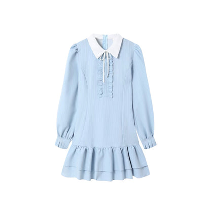 Uni White Collar Blue Long Sleeve Dress