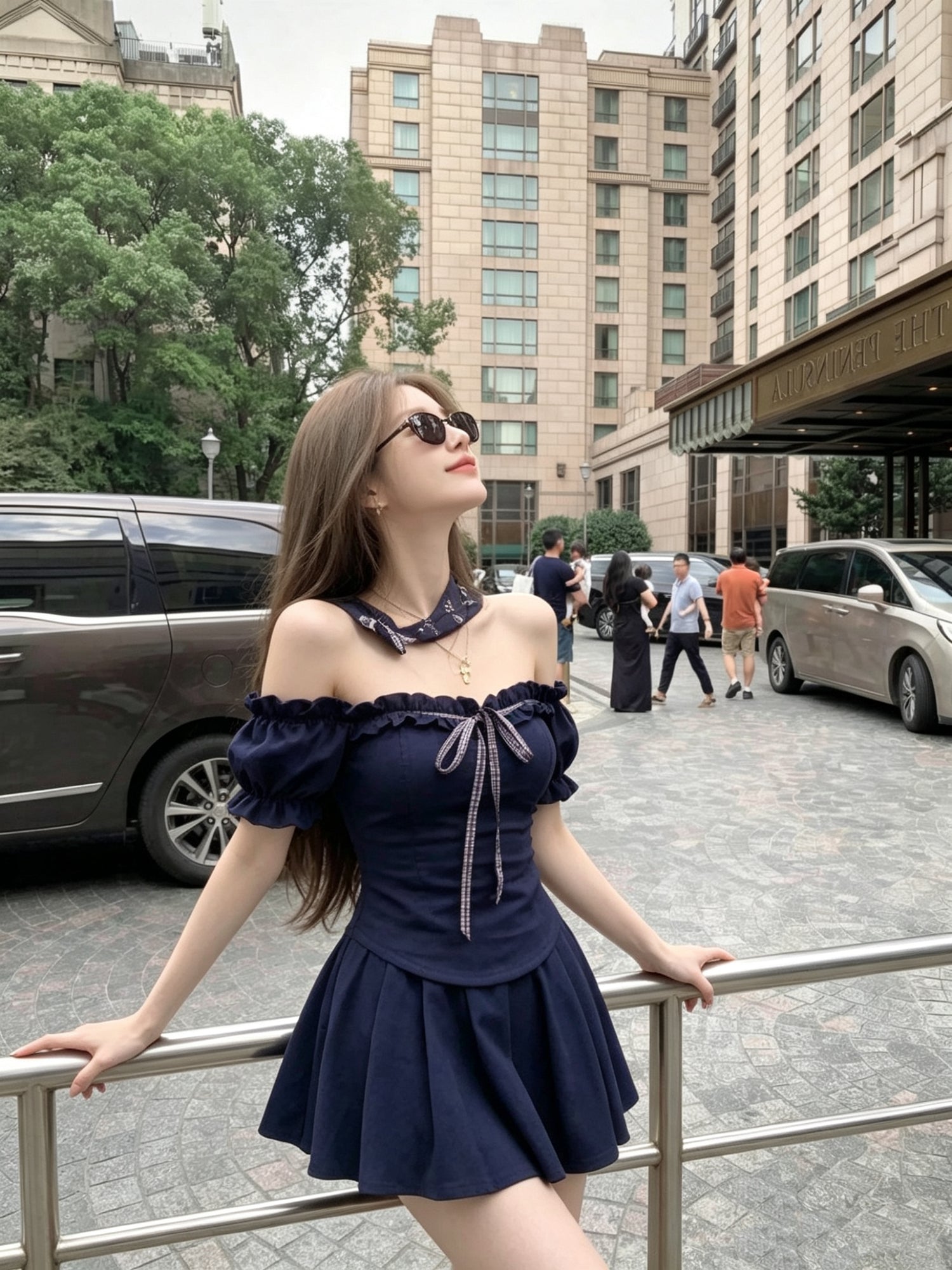 Off Shoulder Top + Blue Skort Two Piece Set (Navy, Khaki)