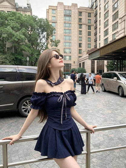 Off Shoulder Top + Blue Skort Two Piece Set (Navy, Khaki)