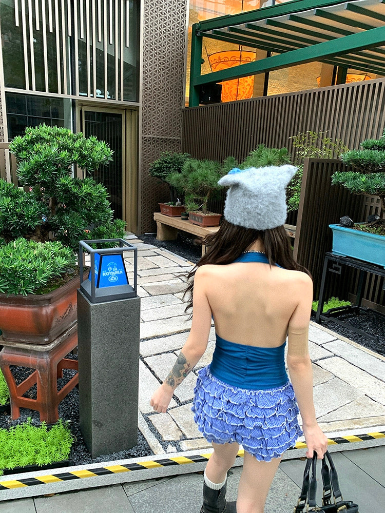 Round Neck V Collar Blue Top