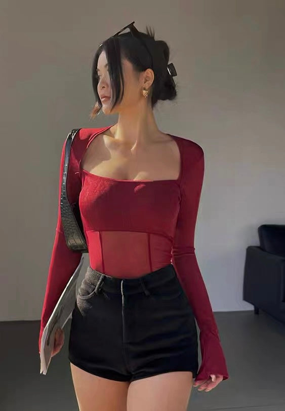 Mesh Waist Long Sleeve Top