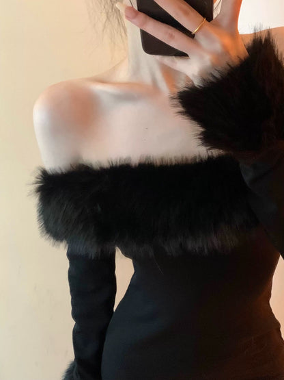 Black Two Wear Off Side Shoulder Long Sleeve Tube Dress