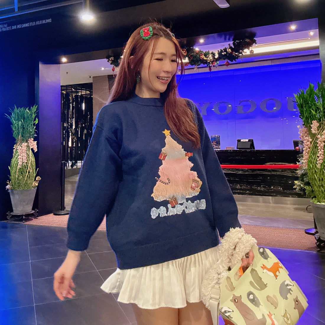 Navy Christmas  Long Sleeve Top