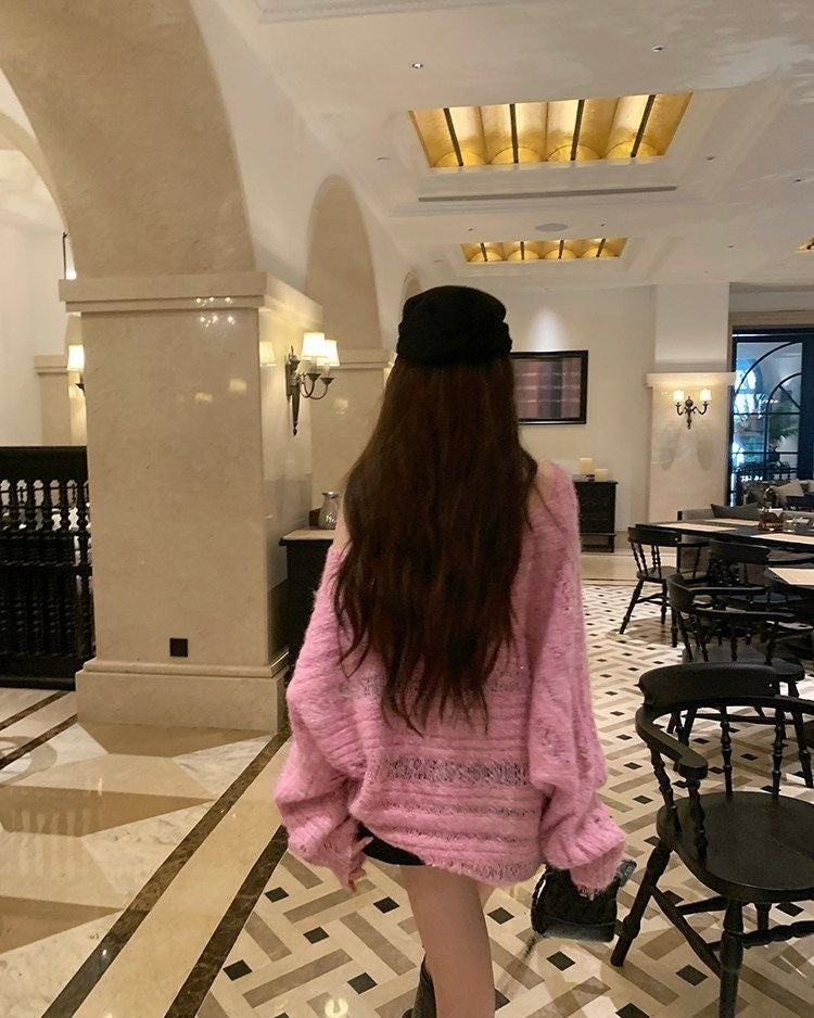 Off Shoulder Long Sleeve Pink Knitted Top