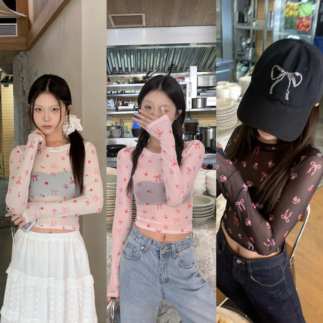 Pink Ribbons Thin Long Sleeve Mesh Crop Top Outerwear