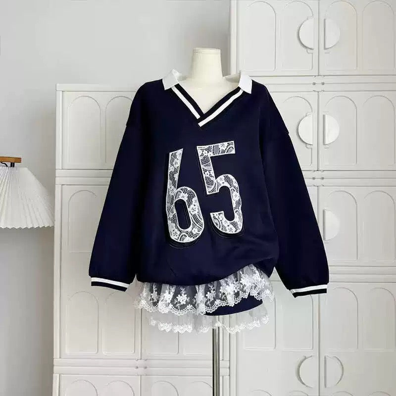 No.65 Premium Navy Sweater Top + Shorts Two Piece Set