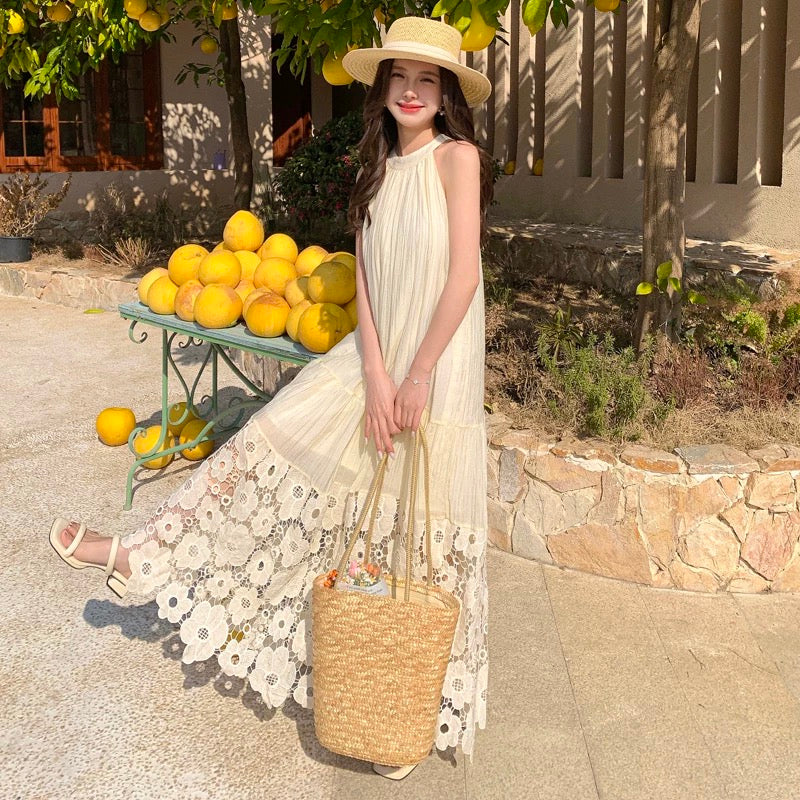 Beige Embroidery Floral Long Dress