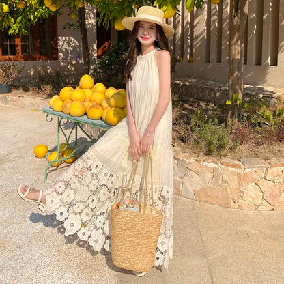 Beige Embroidery Floral Long Dress