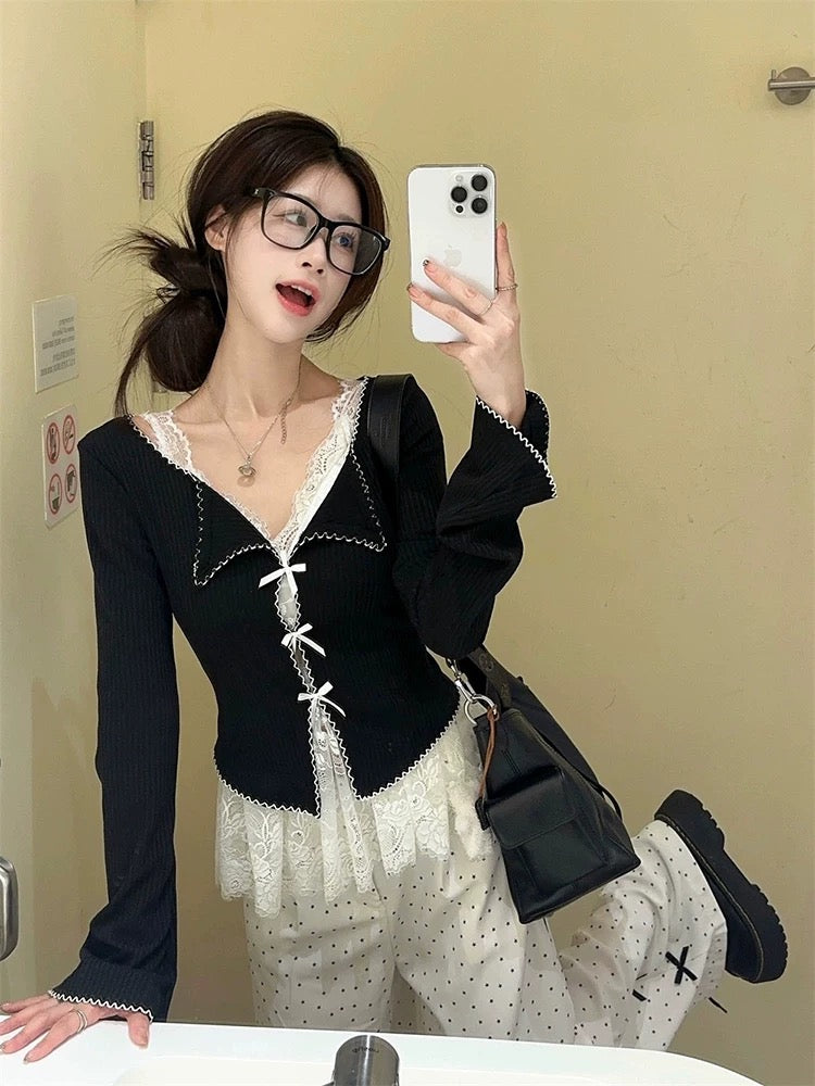 White Ribbon Black Top + White Laces Inner Top Two Piece Set