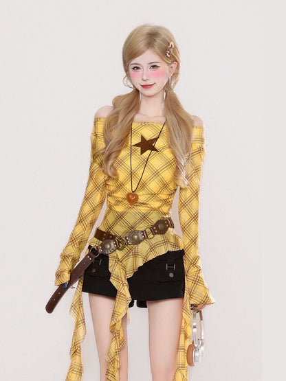 Grid Star Off Shoulder Long Sleeve Mesh Top