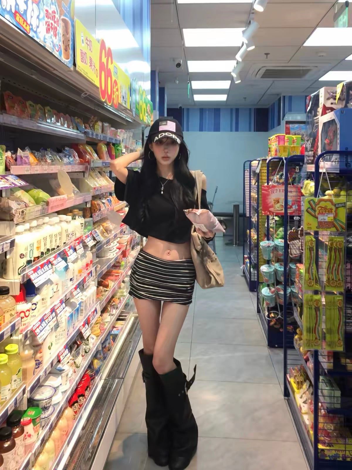 Black Top + Stripe Shorts Skirt Set
