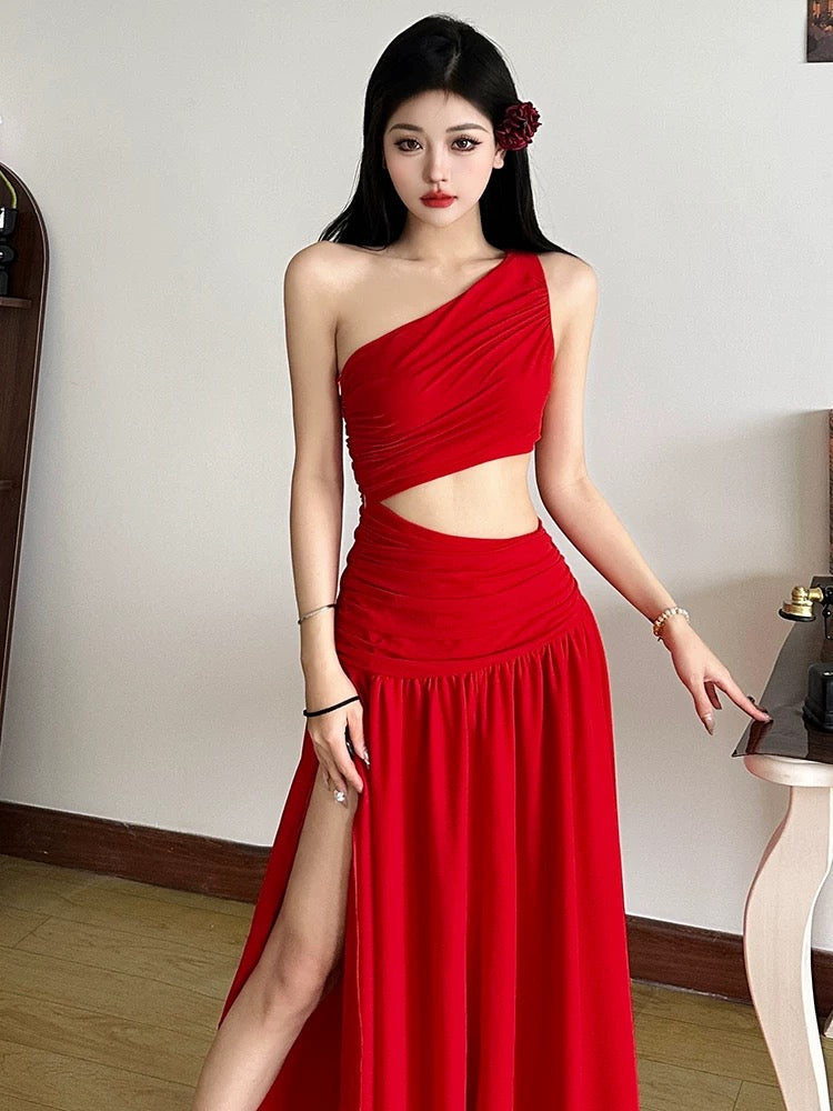 Red Side Waist Cut Long Dress (S)