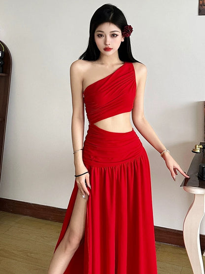 Red Side Waist Cut Long Dress (S)