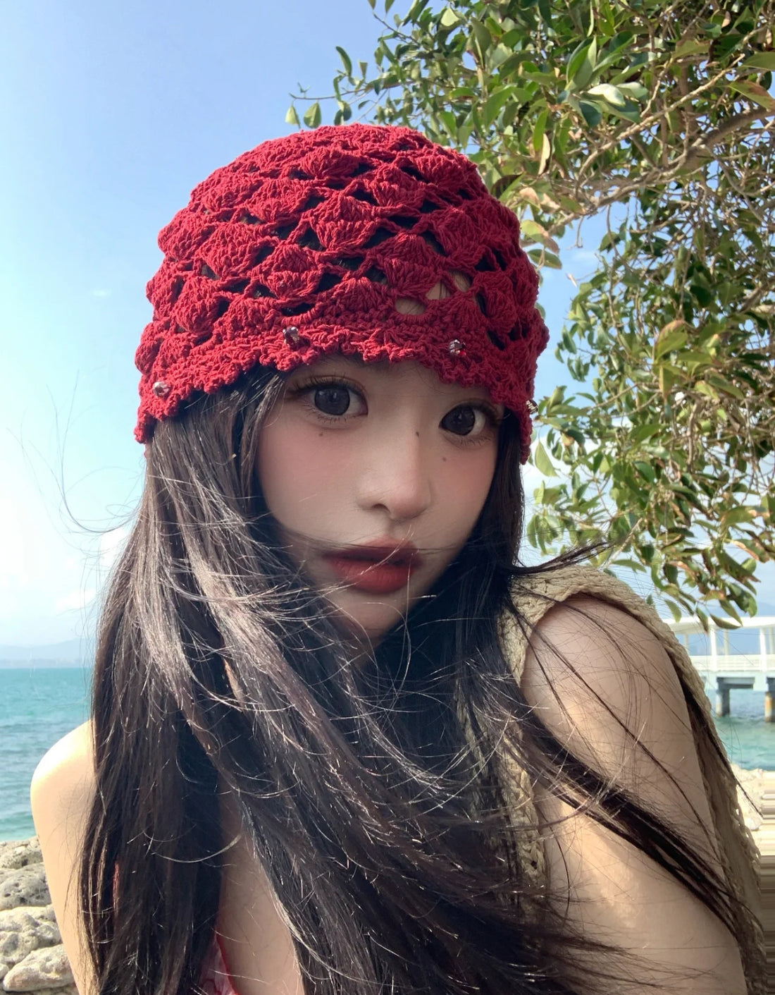 H35 Wine Red Knitted Embroidery Hat