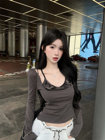 Army Print Long Sleeve Green/Grey Top