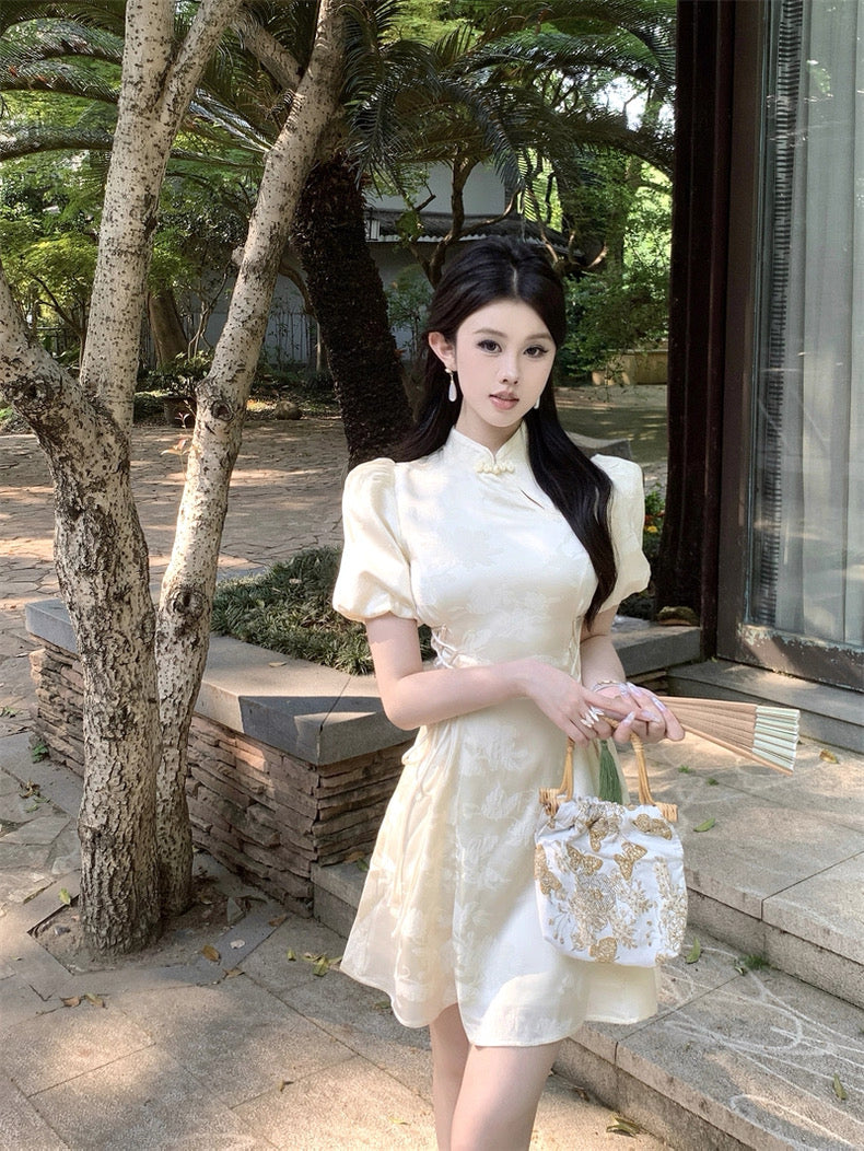 Puff Sleeve Cream Cheongsam CD005 Short Dress (S, M)